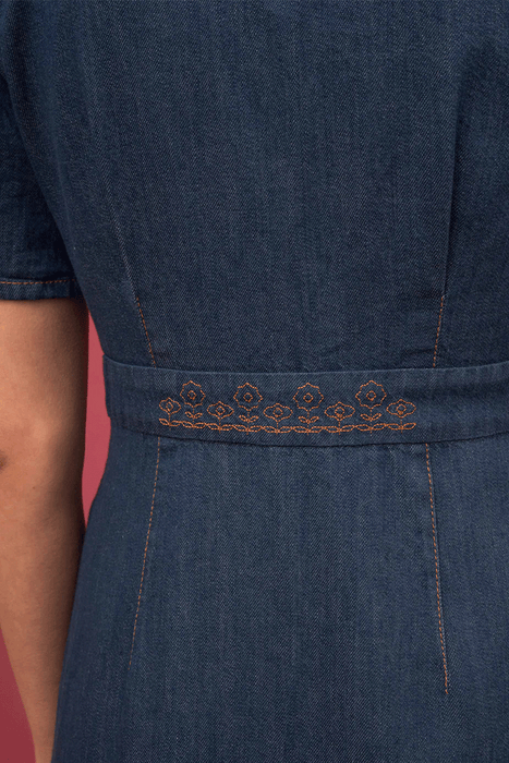 Sofia Dress - Blue Denim / Gold Embroidery