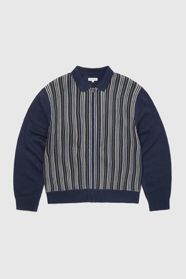 Striped Knit Zip Cardigan - Navy