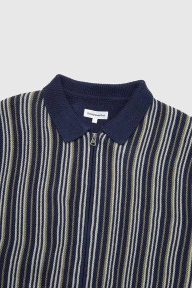 Striped Knit Zip Cardigan - Navy