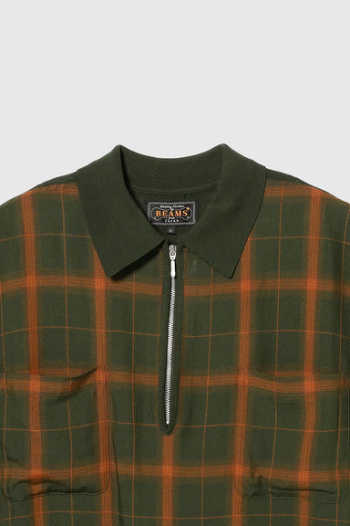 Half Zip Panel Polo Ombre Plaid - Olive