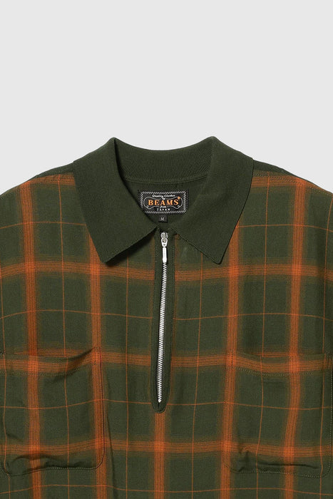 Half Zip Panel Polo Ombre Plaid - Olive