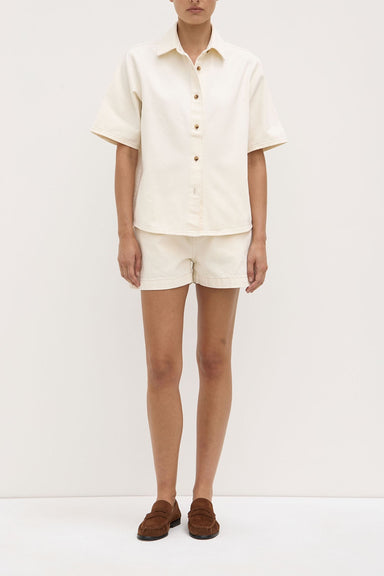 Label Boxy Denim Short Sleeve Shirt - Ecru