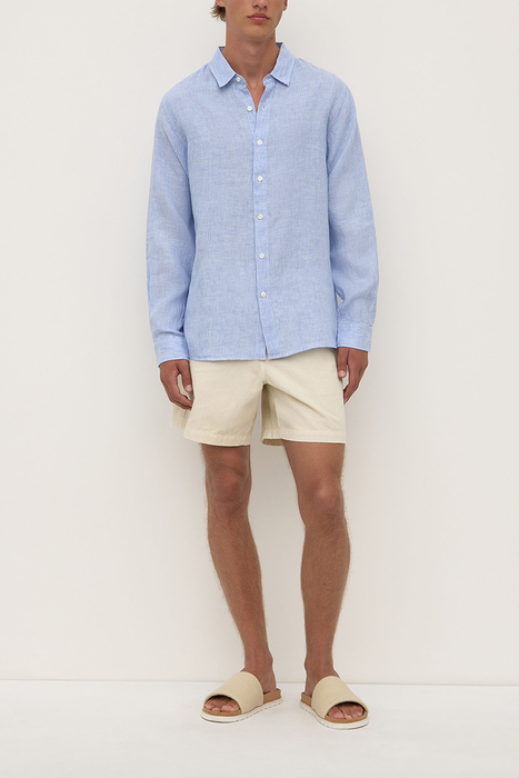 Mens Everyday Linen Long Sleeve Shirt - Mid Blue Stripe