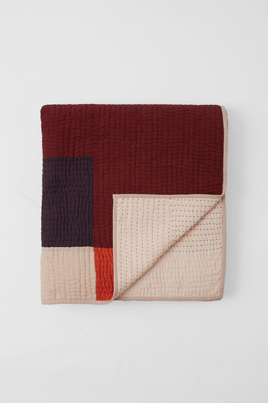 Colour Block Patchwork Quilt - Plum / Bright Coral