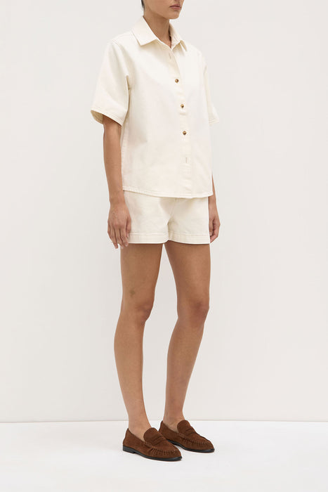 Label Boxy Denim Short Sleeve Shirt - Ecru