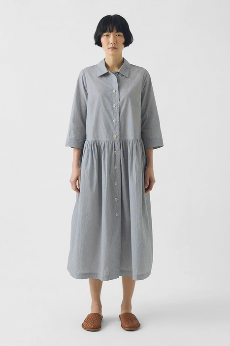 Fine Stripe Cotton Shirt Dress - Ecru / Slate