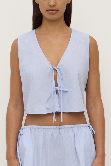Havana Stripe Poplin Tie Front Top - Blue / White Stripe