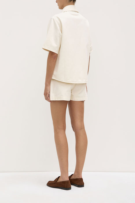 Label Boxy Denim Short Sleeve Shirt - Ecru
