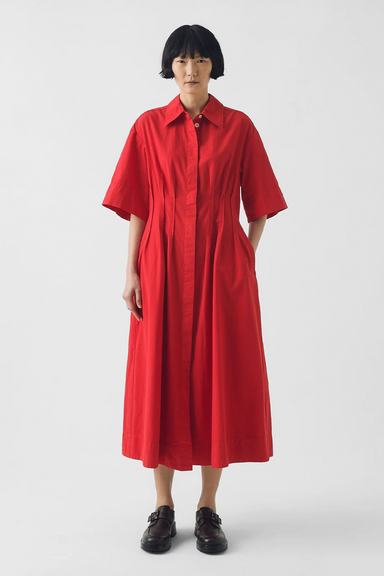 Pleated Cotton Linen Dress - Cardinal Red
