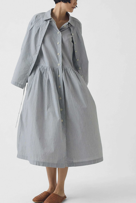 Fine Stripe Cotton Shirt Dress - Ecru / Slate