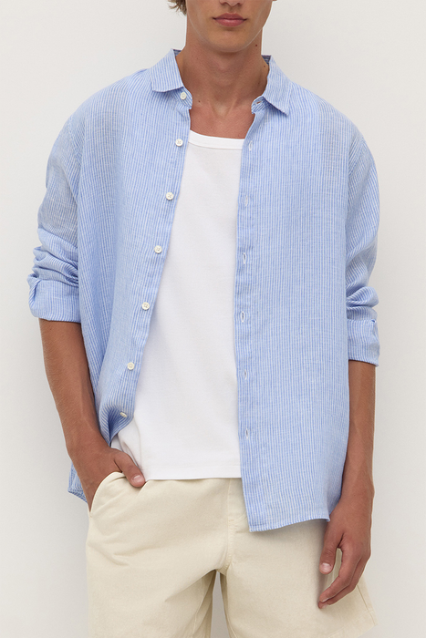 Mens Everyday Linen Long Sleeve Shirt - Mid Blue Stripe