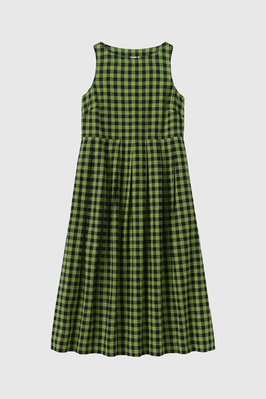 Aila Linen Cotton Gingham Check Dress - Beetle Green