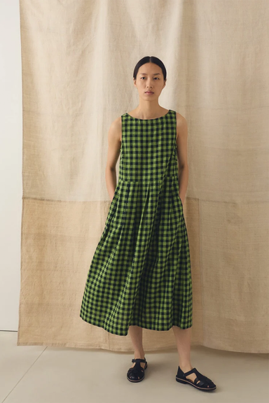 Aila Linen Cotton Gingham Check Dress - Beetle Green