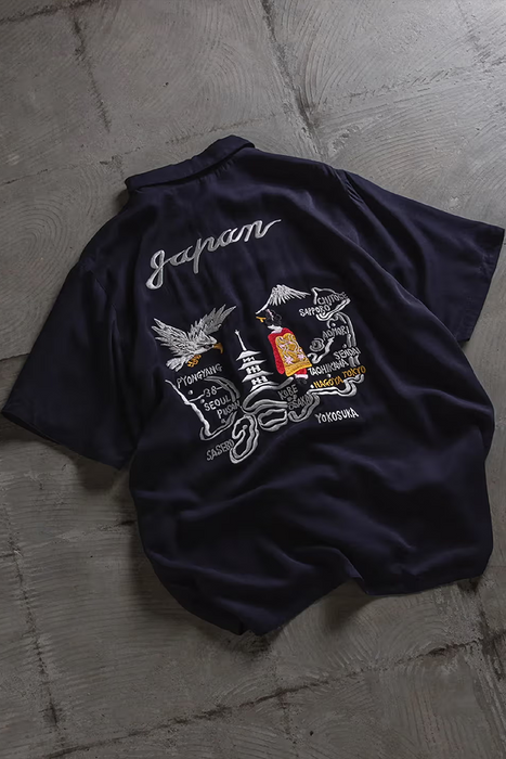 Non Down Reversible "SKA" Aloha Half Sleeve Shirt - Dark Navy / Dark Navy