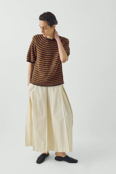 Cotton Linen Poplin Box Pleat Skirt - Ecru