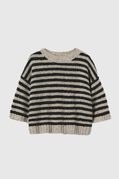 Donegal Stripe Short Sleeve Sweater - Soft Black / Oatmeal