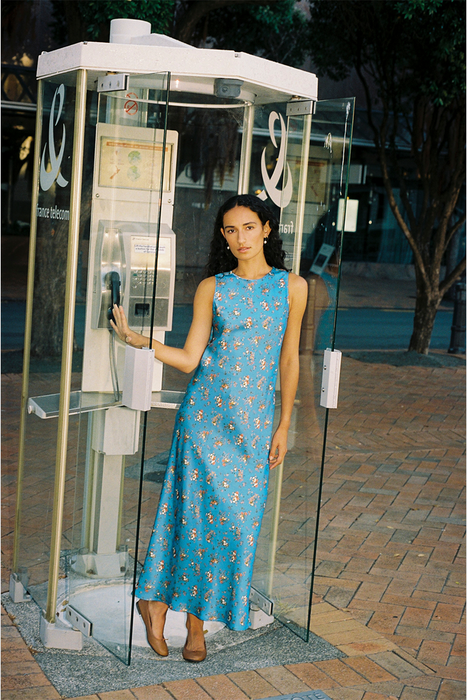 Esoteric Dress - Blue Satin Floral
