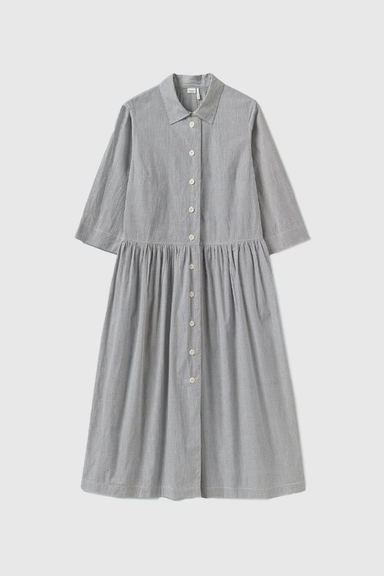 Fine Stripe Cotton Shirt Dress - Ecru / Slate