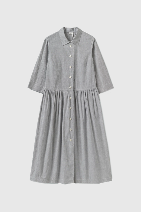 Fine Stripe Cotton Shirt Dress - Ecru / Slate