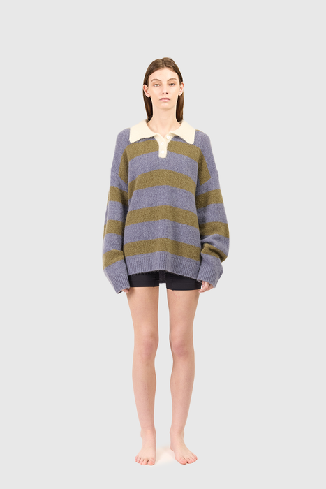 Knit Polo - Blue / Green Stripe