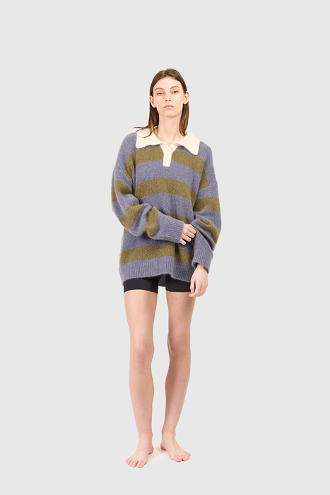 Knit Polo - Blue / Green Stripe