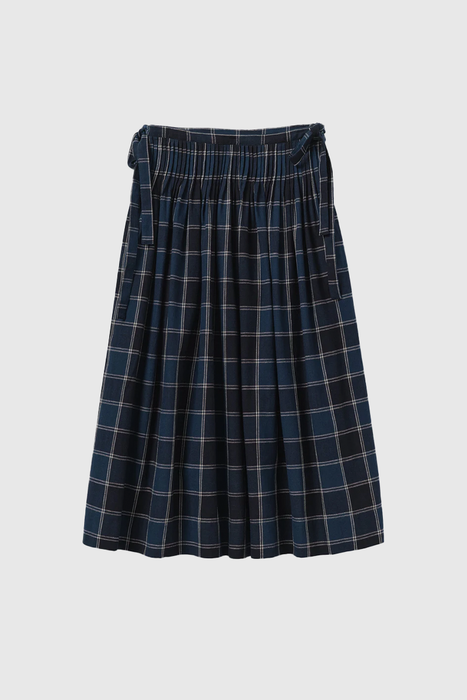 Market Check Pleated Cotton Linen Skirt - Denim Blue