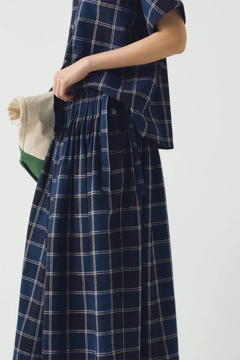 Market Check Pleated Cotton Linen Skirt - Denim Blue