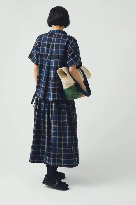 Market Check Pleated Cotton Linen Skirt - Denim Blue