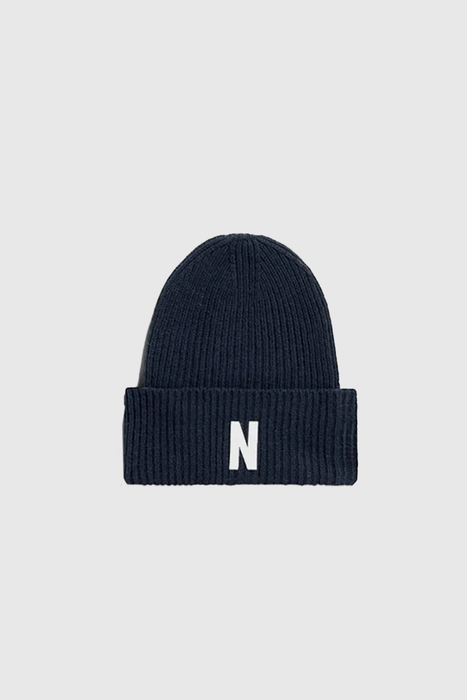 Merino Lambswool Rib N Logo Beanie - Dark Navy