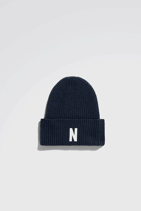 Merino Lambswool Rib N Logo Beanie - Dark Navy