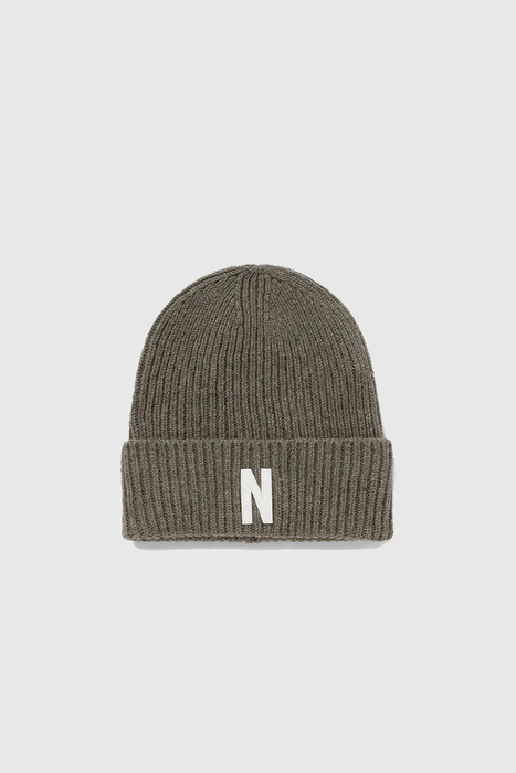 Merino Lambswool Rib N Logo Beanie - Ivy Green