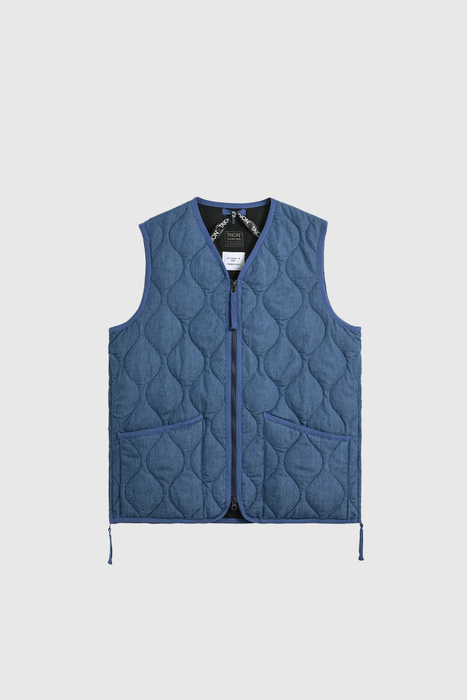 Military Zip V-Neck Down Vest - Indigo Denim