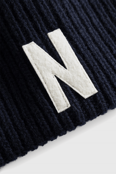 Merino Lambswool Rib N Logo Beanie - Dark Navy