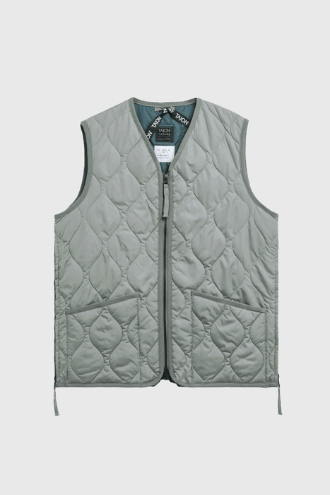 Military Zip V Neck Down Vest - Dark Sage