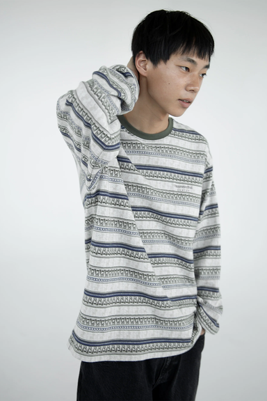 Pattern Stripped L/S Tee - Ivory
