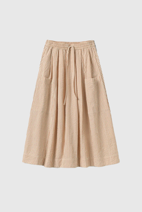 Stripe Cotton Seersucker Patch Pocket Skirt - Terracotta / Ecru