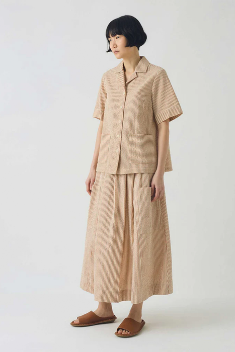 Stripe Cotton Seersucker Patch Pocket Skirt - Terracotta / Ecru