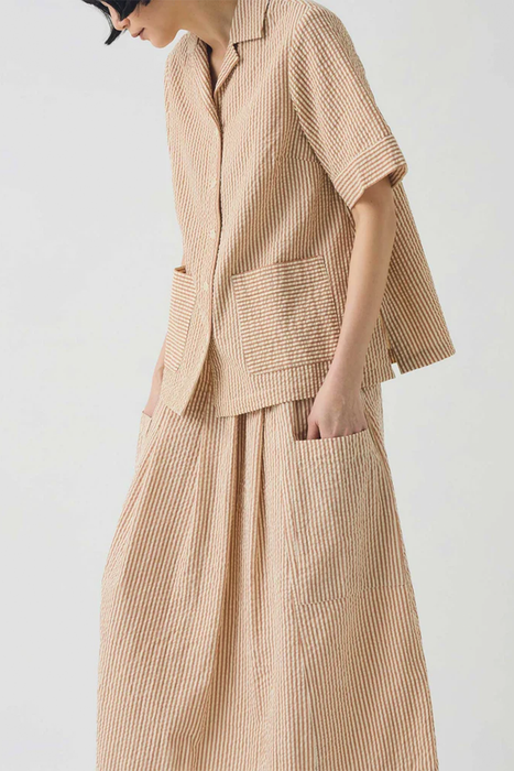 Stripe Cotton Seersucker Patch Pocket Skirt - Terracotta / Ecru