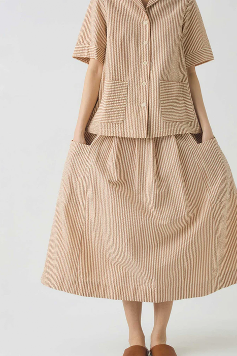 Stripe Cotton Seersucker Patch Pocket Skirt - Terracotta / Ecru