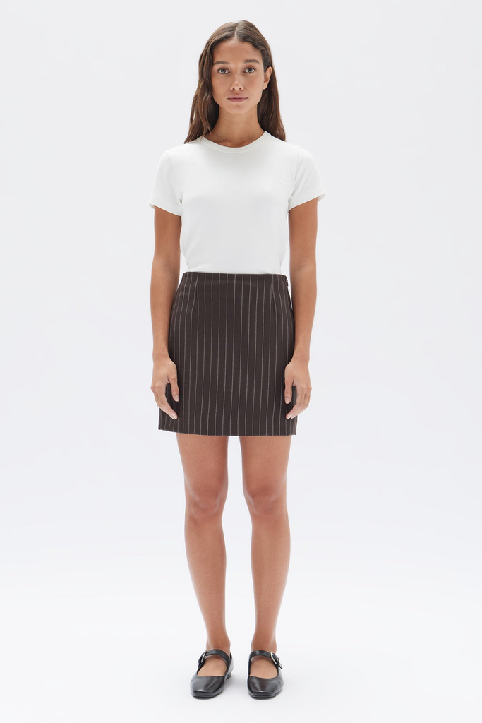 Sofia Wool Pinstripe Mini Skirt - Chestnut Stripe — Infinite Definite