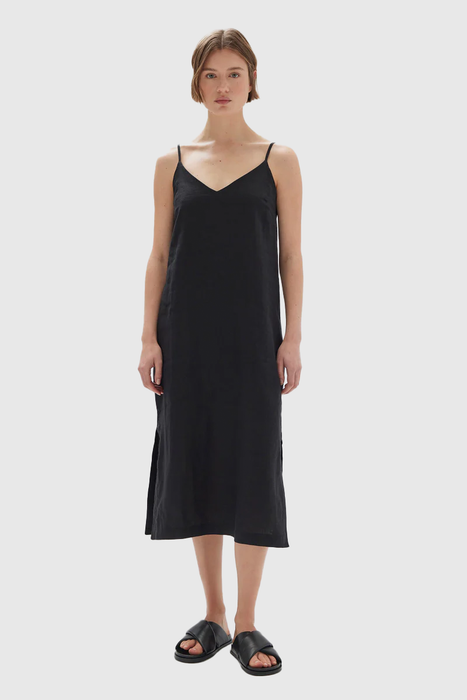 Vallory Linen Slip Dress - Black