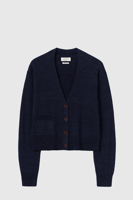 Wool Linen Patch Pocket Cardigan - Dark Navy