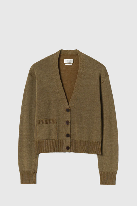 Wool Linen Patch Pocket Cardigan - Olive Gold