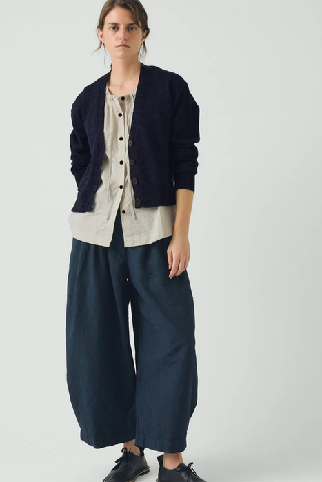 Wool Linen Patch Pocket Cardigan - Dark Navy