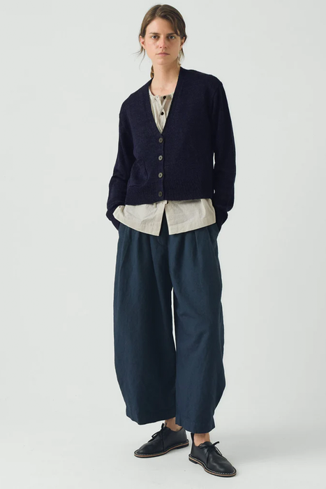 Wool Linen Patch Pocket Cardigan - Dark Navy