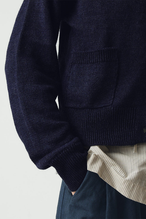 Wool Linen Patch Pocket Cardigan - Dark Navy
