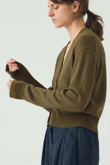 Wool Linen Patch Pocket Cardigan - Olive Gold