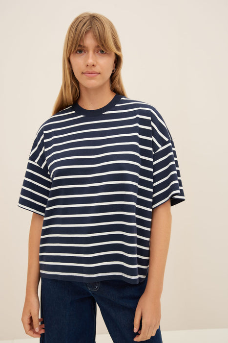 Oversized Boxy Tee - Navy Breton