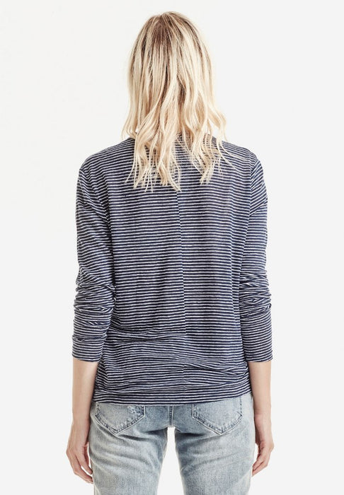 Womens Luxe Linen LS Tee - Navy/White Stripe