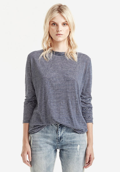 Womens Luxe Linen LS Tee - Navy/White Stripe